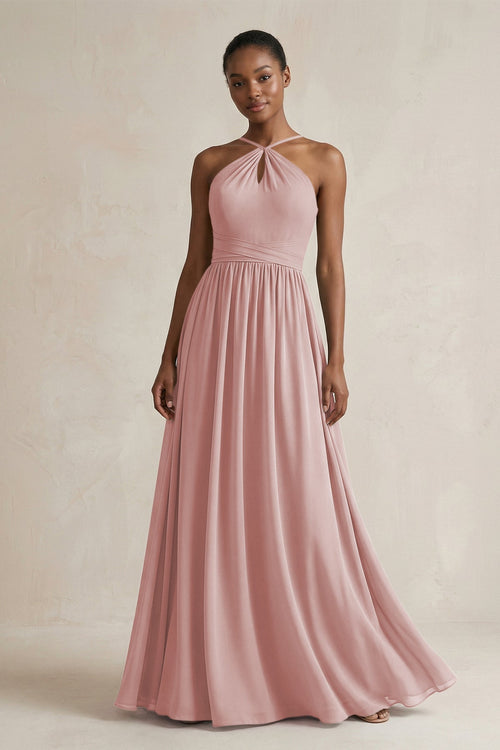 A - Line Halter Chiffon Ruched Bridesmaid Dress in Dusty Rose - KissProm Bridesmaid Dresses