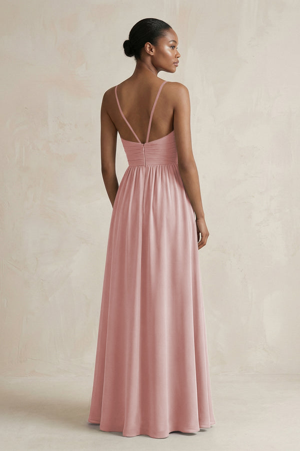 A - Line Halter Chiffon Ruched Bridesmaid Dress in Dusty Rose - KissProm Bridesmaid Dresses