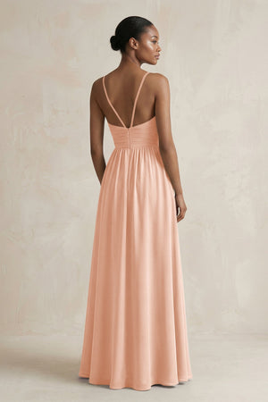 A - Line Halter Chiffon Ruched Bridesmaid Dress in English Rose - KissProm Bridesmaid Dresses