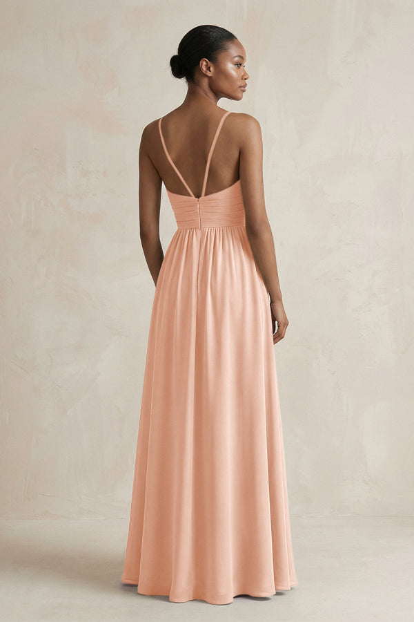 A - Line Halter Chiffon Ruched Bridesmaid Dress in English Rose - KissProm Bridesmaid Dresses