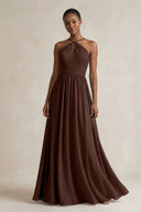 A - Line Halter Chiffon Ruched Bridesmaid Dress in Espresso - KissProm Bridesmaid Dresses