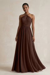 A - Line Halter Chiffon Ruched Bridesmaid Dress in Espresso - KissProm Bridesmaid Dresses