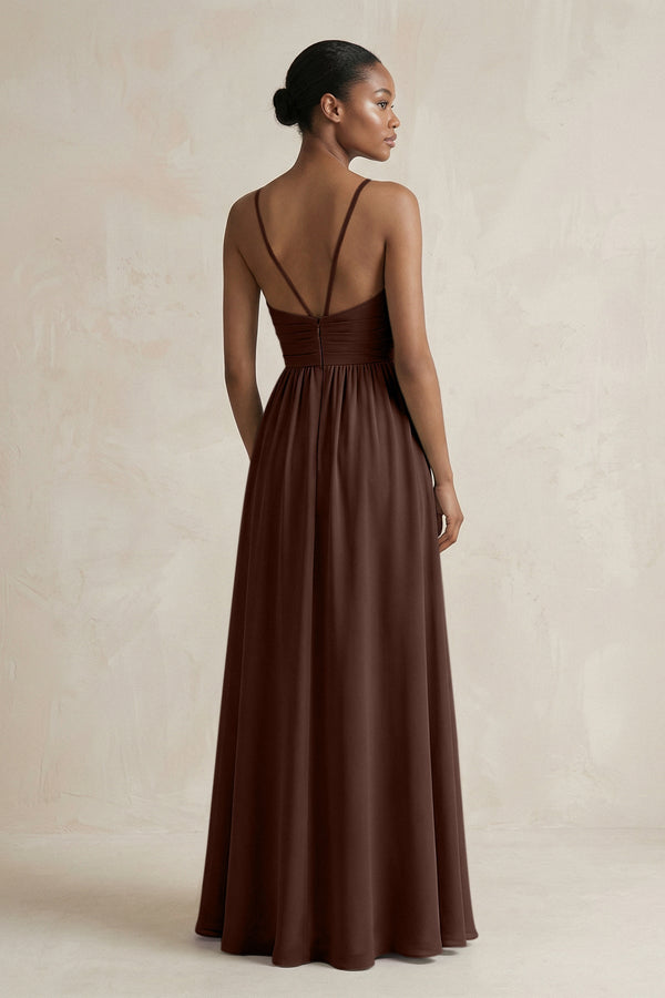 A - Line Halter Chiffon Ruched Bridesmaid Dress in Espresso - KissProm Bridesmaid Dresses