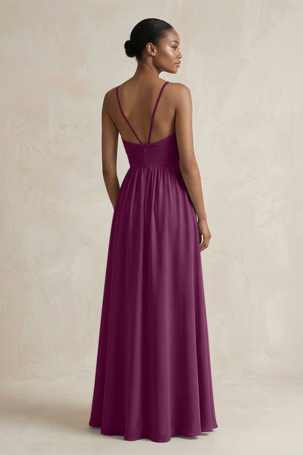 A - Line Halter Chiffon Ruched Bridesmaid Dress in Fig - KissProm Bridesmaid Dresses