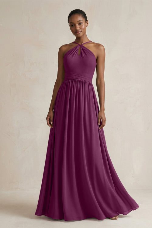 A - Line Halter Chiffon Ruched Bridesmaid Dress in Fig - KissProm Bridesmaid Dresses