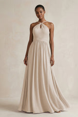 A - Line Halter Chiffon Ruched Bridesmaid Dress in Frost - KissProm Bridesmaid Dresses