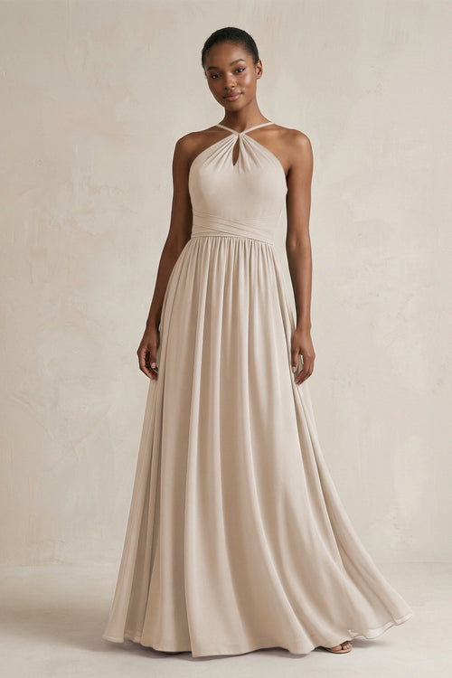 A - Line Halter Chiffon Ruched Bridesmaid Dress in Frost - KissProm Bridesmaid Dresses