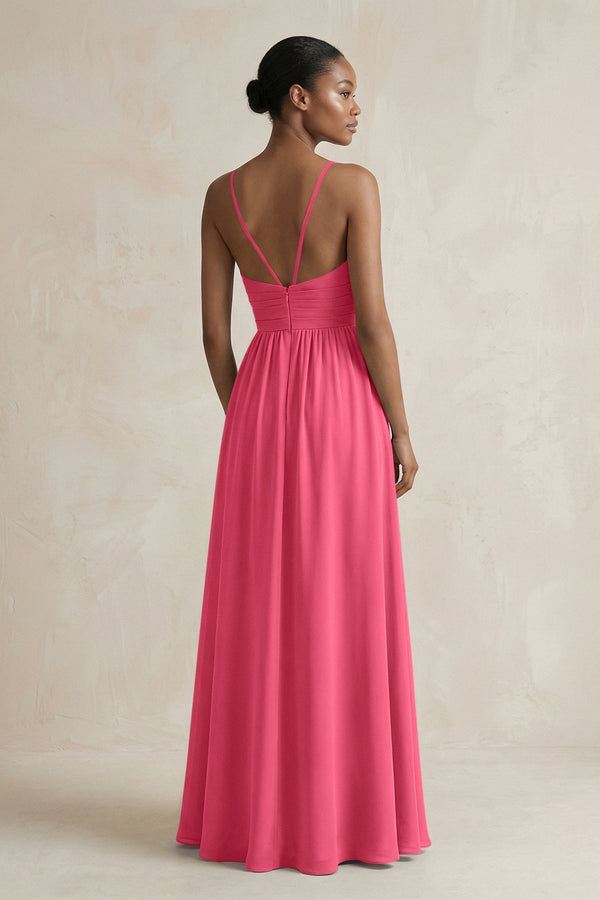 A - Line Halter Chiffon Ruched Bridesmaid Dress in Fuchsia - KissProm Bridesmaid Dresses