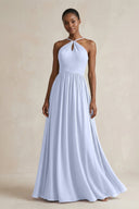 A - Line Halter Chiffon Ruched Bridesmaid Dress in Ice - KissProm Bridesmaid Dresses