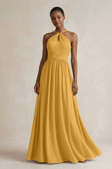 A - Line Halter Chiffon Ruched Bridesmaid Dress in Marigold - KissProm Bridesmaid Dresses