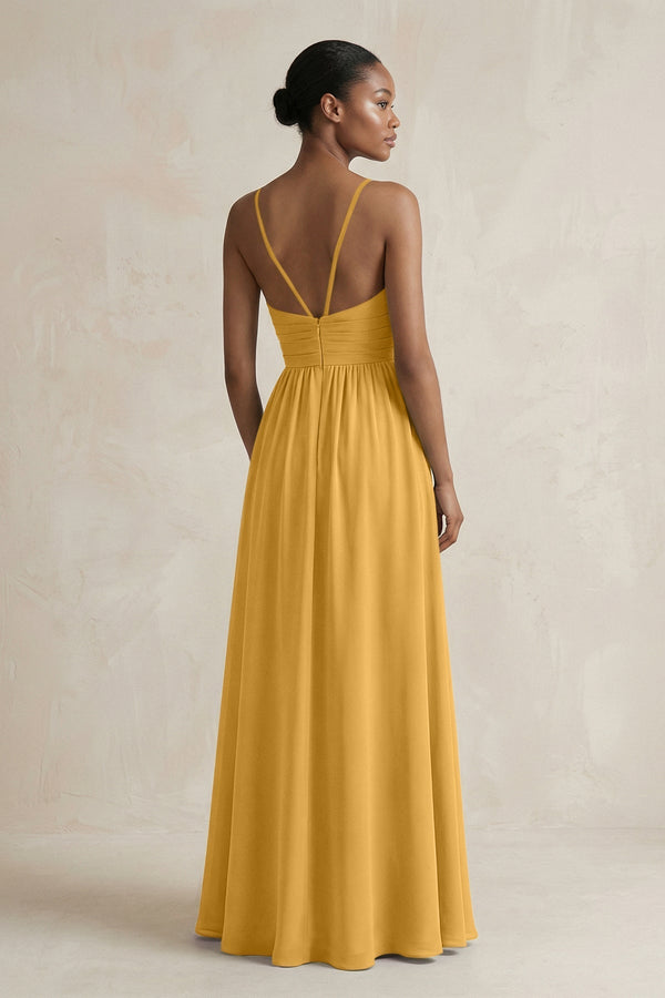 A - Line Halter Chiffon Ruched Bridesmaid Dress in Marigold - KissProm Bridesmaid Dresses