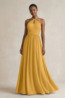 A - Line Halter Chiffon Ruched Bridesmaid Dress in Marigold - KissProm Bridesmaid Dresses