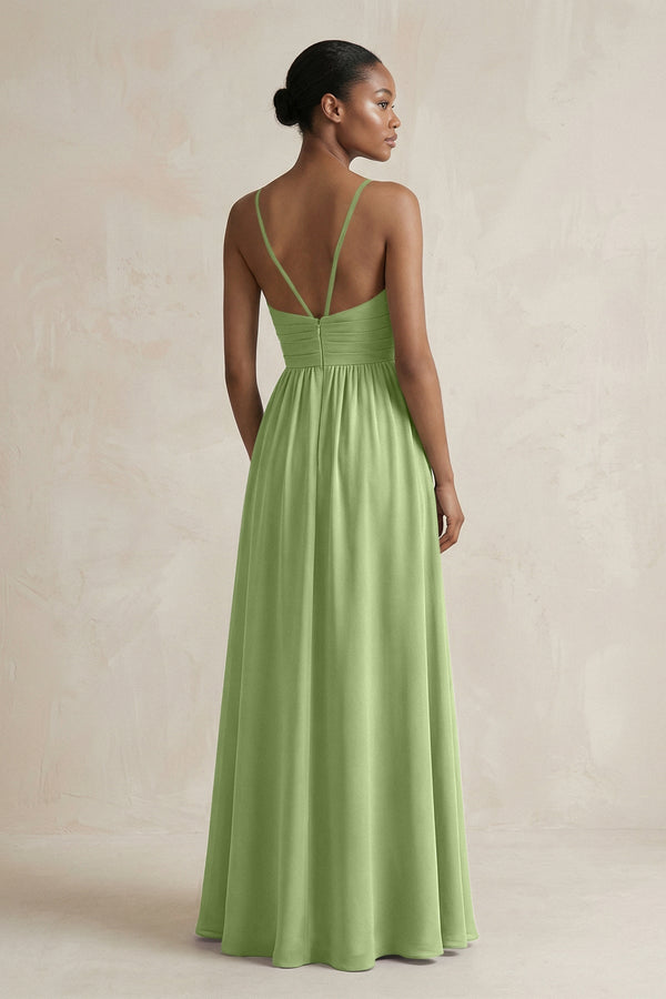 A - Line Halter Chiffon Ruched Bridesmaid Dress in Matcha - KissProm Bridesmaid Dresses