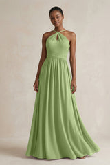 A - Line Halter Chiffon Ruched Bridesmaid Dress in Matcha - KissProm Bridesmaid Dresses