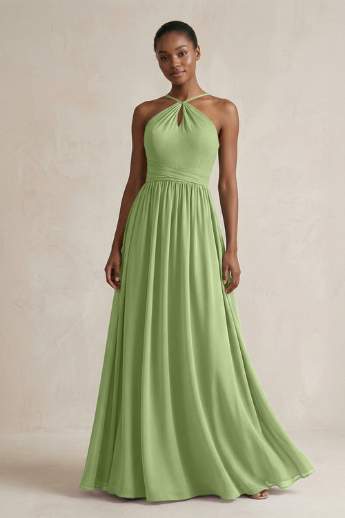 A - Line Halter Chiffon Ruched Bridesmaid Dress in Matcha - KissProm Bridesmaid Dresses