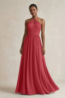 A - Line Halter Chiffon Ruched Bridesmaid Dress in Merlot - KissProm Bridesmaid Dresses
