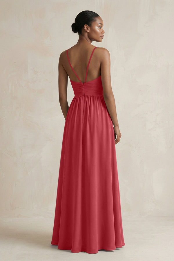 A - Line Halter Chiffon Ruched Bridesmaid Dress in Merlot - KissProm Bridesmaid Dresses
