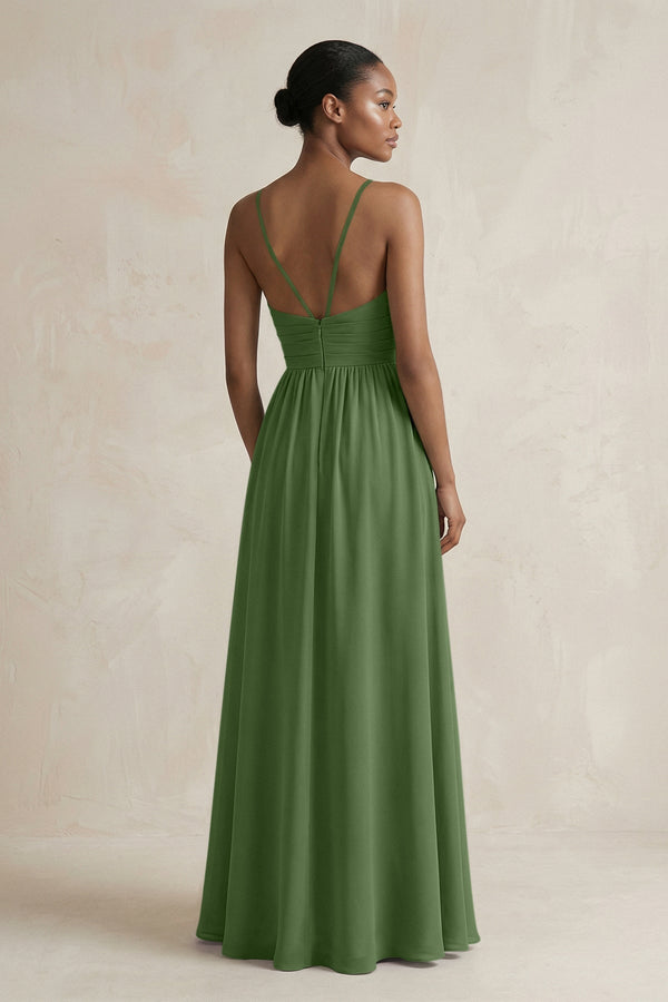 A - Line Halter Chiffon Ruched Bridesmaid Dress in Moss - KissProm Bridesmaid Dresses