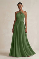 A - Line Halter Chiffon Ruched Bridesmaid Dress in Moss - KissProm Bridesmaid Dresses