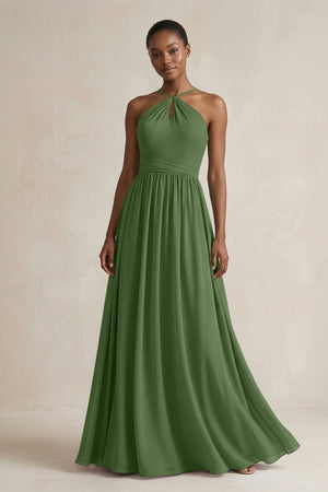 A - Line Halter Chiffon Ruched Bridesmaid Dress in Moss - KissProm Bridesmaid Dresses