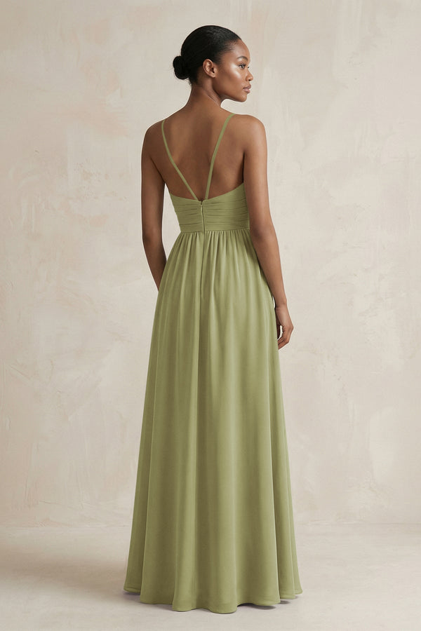 A - Line Halter Chiffon Ruched Bridesmaid Dress in Moss Green - KissProm Bridesmaid Dresses