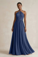 A - Line Halter Chiffon Ruched Bridesmaid Dress in Navy - KissProm Bridesmaid Dresses