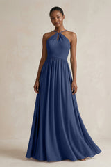 A - Line Halter Chiffon Ruched Bridesmaid Dress in Navy - KissProm Bridesmaid Dresses