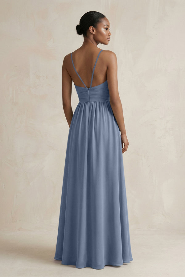 A - Line Halter Chiffon Ruched Bridesmaid Dress in Neptune - KissProm Bridesmaid Dresses