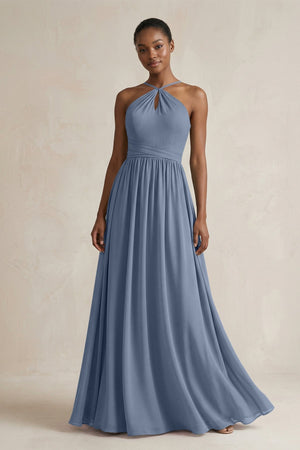 A - Line Halter Chiffon Ruched Bridesmaid Dress in Neptune - KissProm Bridesmaid Dresses