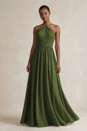 A - Line Halter Chiffon Ruched Bridesmaid Dress in Olive - KissProm Bridesmaid Dresses