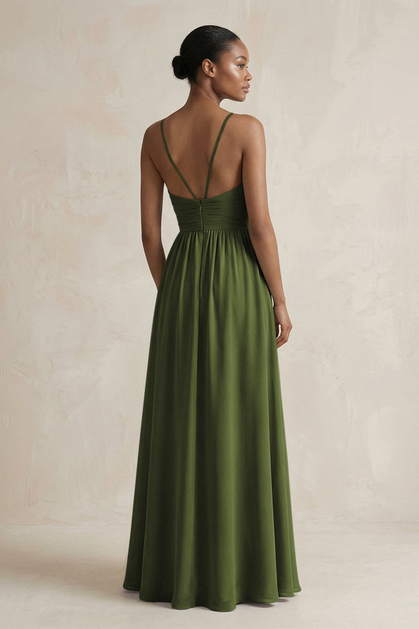 A - Line Halter Chiffon Ruched Bridesmaid Dress in Olive - KissProm Bridesmaid Dresses