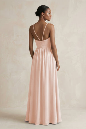 A - Line Halter Chiffon Ruched Bridesmaid Dress in Pale Blush - KissProm Bridesmaid Dresses