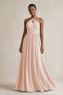 A - Line Halter Chiffon Ruched Bridesmaid Dress in Pale Blush - KissProm Bridesmaid Dresses
