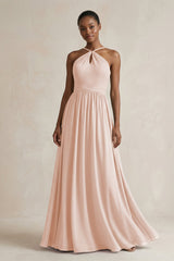A - Line Halter Chiffon Ruched Bridesmaid Dress in Pale Blush - KissProm Bridesmaid Dresses
