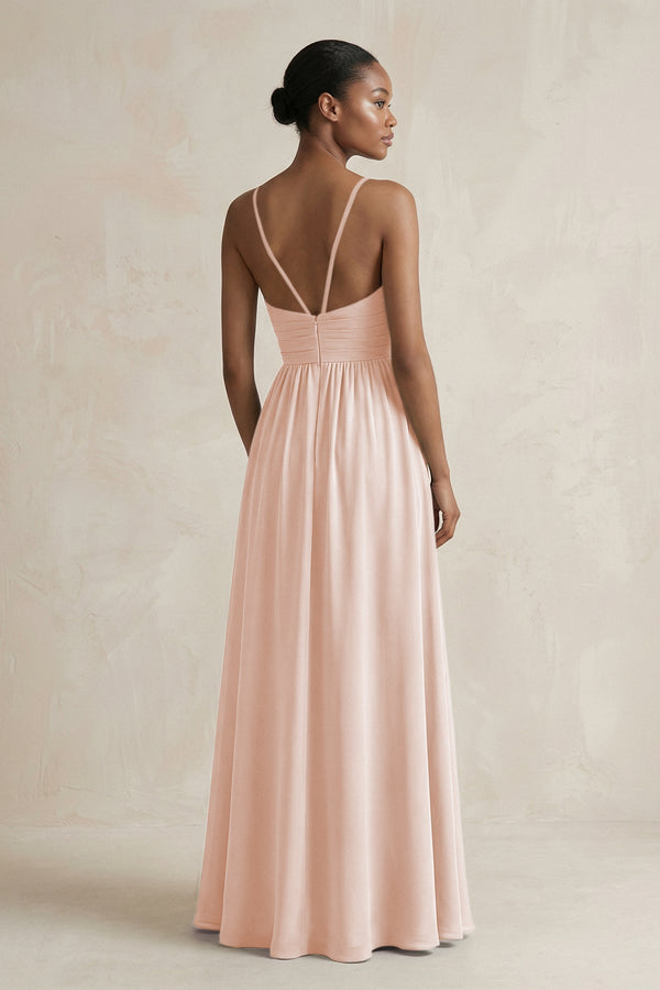 A - Line Halter Chiffon Ruched Bridesmaid Dress in Pale Blush - KissProm Bridesmaid Dresses