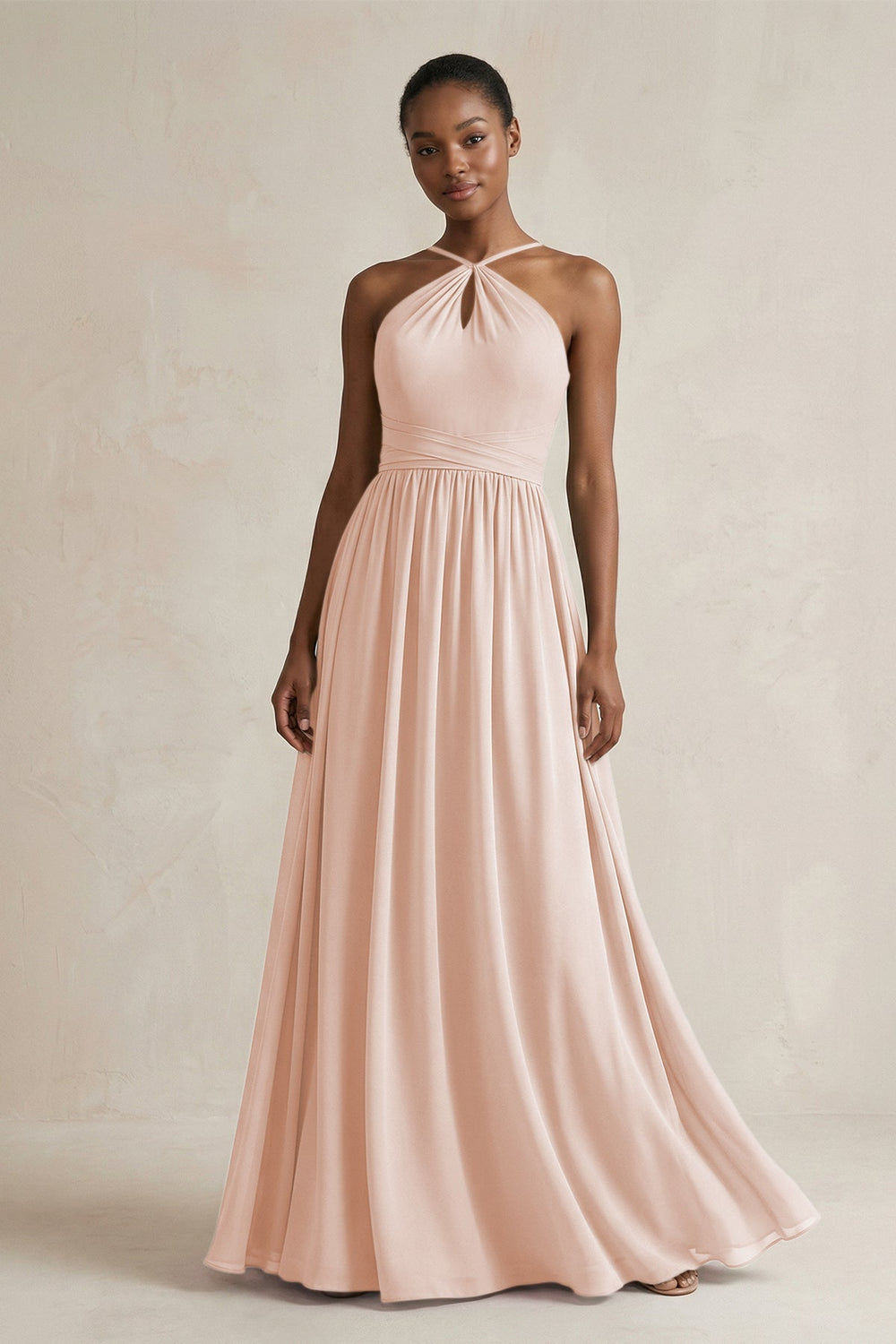 A - Line Halter Chiffon Ruched Bridesmaid Dress in Pale Blush - KissProm Bridesmaid Dresses