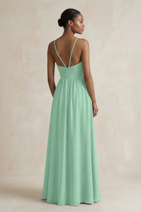 A - Line Halter Chiffon Ruched Bridesmaid Dress in Pale Pistachio - KissProm Bridesmaid Dresses