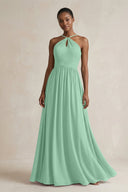 A - Line Halter Chiffon Ruched Bridesmaid Dress in Pale Pistachio - KissProm Bridesmaid Dresses