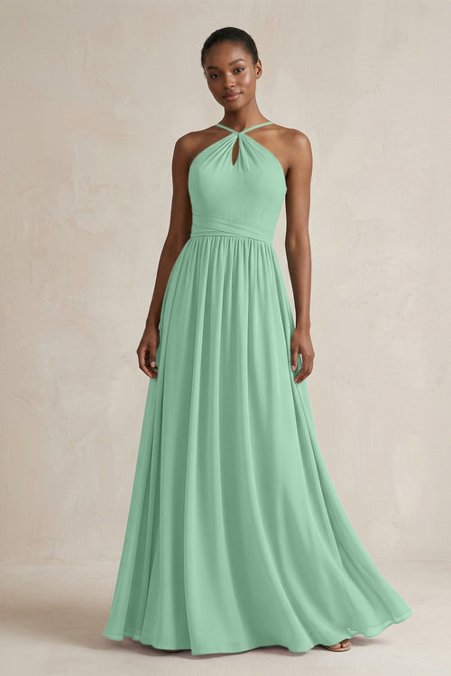 A - Line Halter Chiffon Ruched Bridesmaid Dress in Pale Pistachio - KissProm Bridesmaid Dresses
