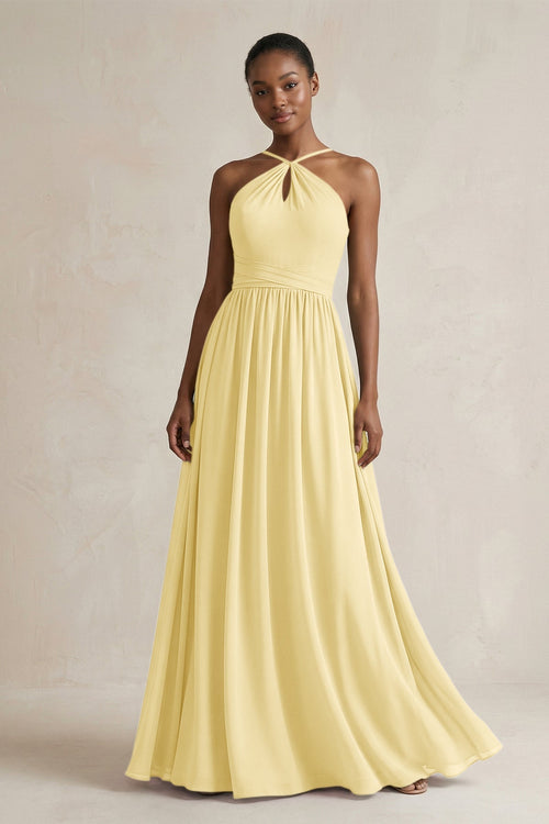 A - Line Halter Chiffon Ruched Bridesmaid Dress in Pastel Yellow - KissProm Bridesmaid Dresses