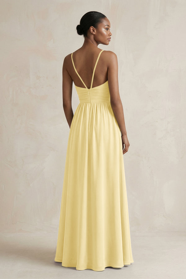 A - Line Halter Chiffon Ruched Bridesmaid Dress in Pastel Yellow - KissProm Bridesmaid Dresses