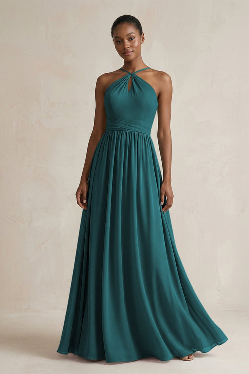 A - Line Halter Chiffon Ruched Bridesmaid Dress in Pine - KissProm Bridesmaid Dresses