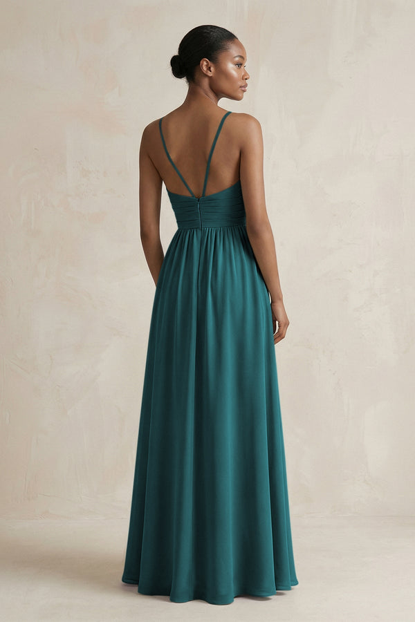 A - Line Halter Chiffon Ruched Bridesmaid Dress in Pine - KissProm Bridesmaid Dresses