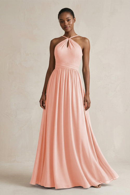 A - Line Halter Chiffon Ruched Bridesmaid Dress in Rose Petal - KissProm Bridesmaid Dresses