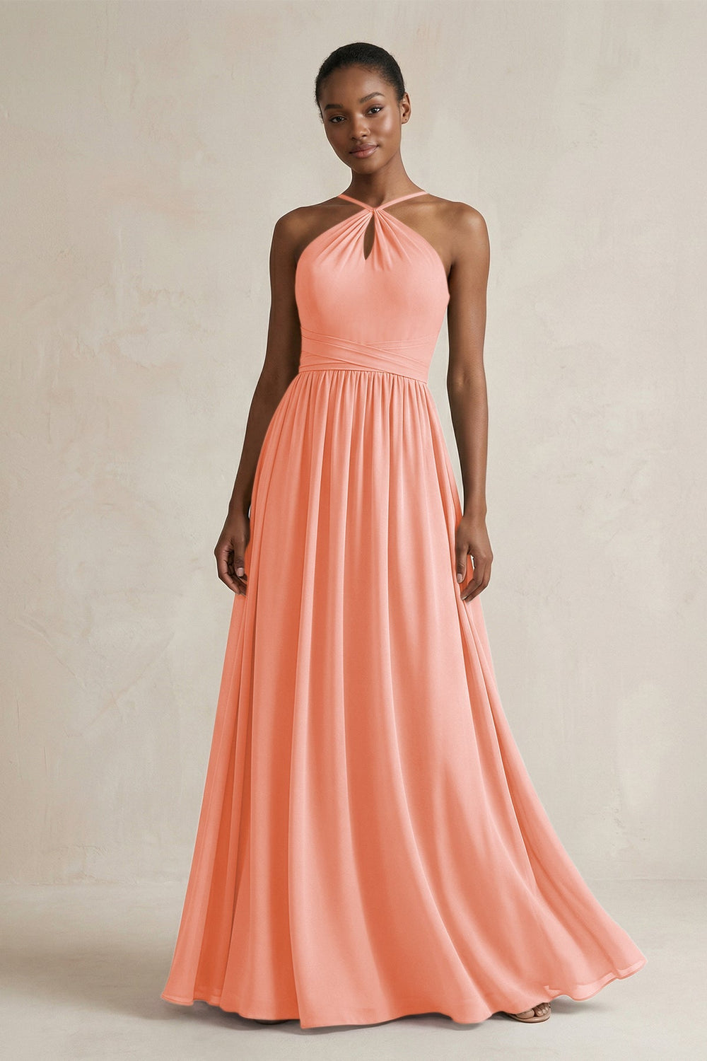 A - Line Halter Chiffon Ruched Bridesmaid Dress in Rosette - KissProm Bridesmaid Dresses