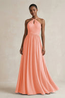 A - Line Halter Chiffon Ruched Bridesmaid Dress in Rosette - KissProm Bridesmaid Dresses