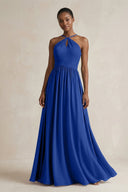 A - Line Halter Chiffon Ruched Bridesmaid Dress in Royal Blue - KissProm Bridesmaid Dresses