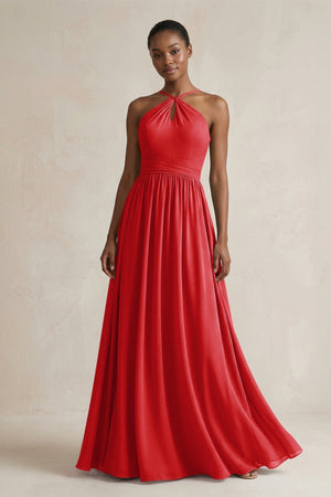 A - Line Halter Chiffon Ruched Bridesmaid Dress in Ruby Red - KissProm Bridesmaid Dresses