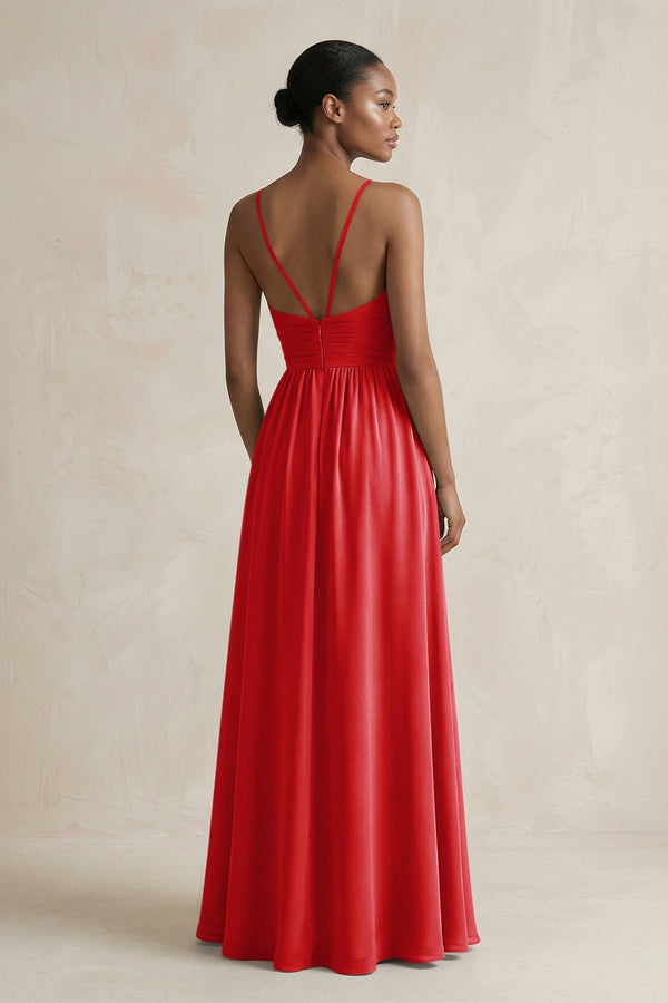 A - Line Halter Chiffon Ruched Bridesmaid Dress in Ruby Red - KissProm Bridesmaid Dresses