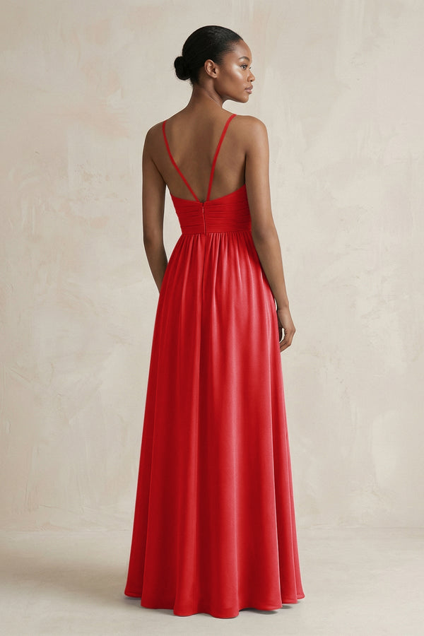 A - Line Halter Chiffon Ruched Bridesmaid Dress in Ruby Red - KissProm Bridesmaid Dresses